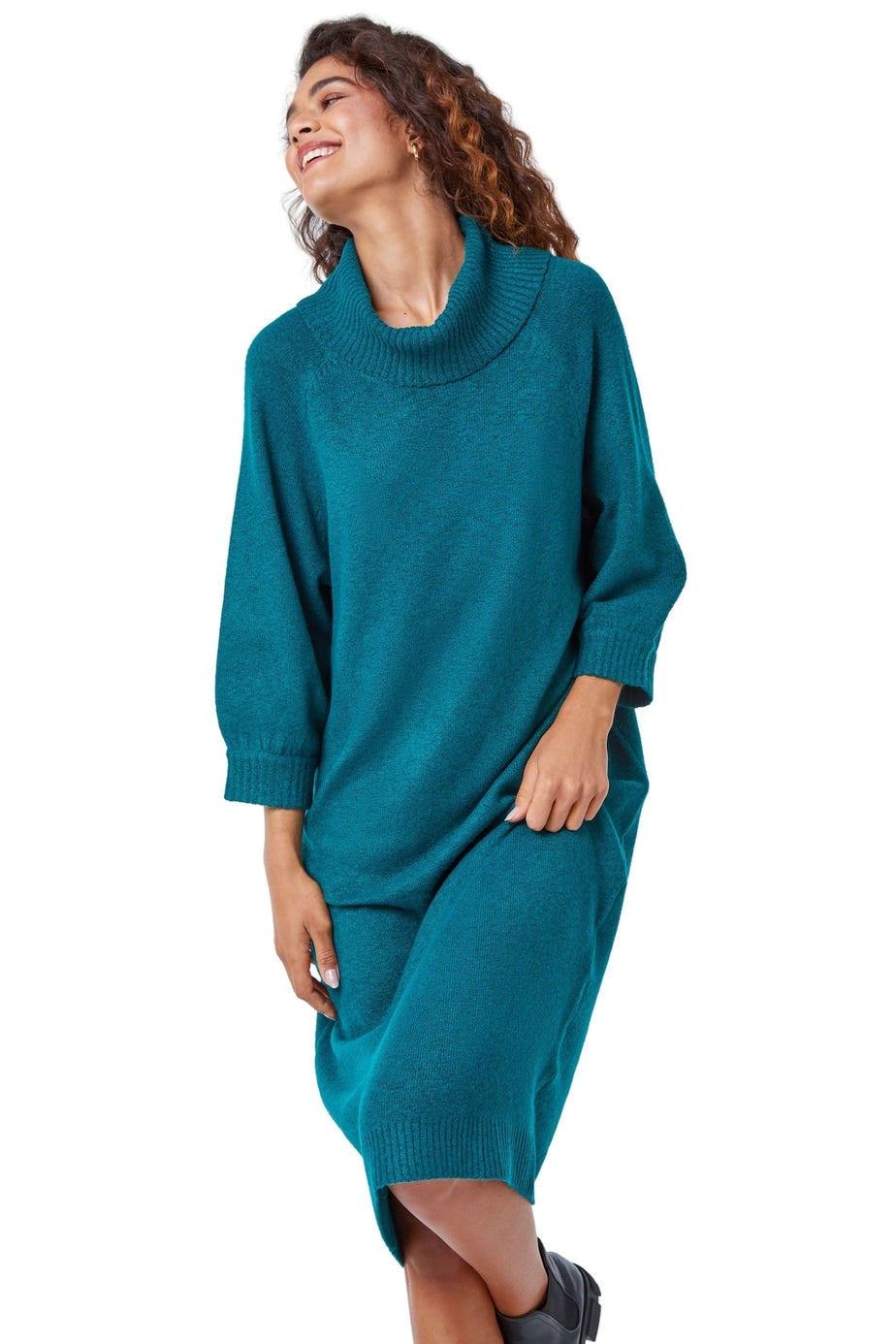 Roman Dark Green Roll Neck Knitted Midi Dress