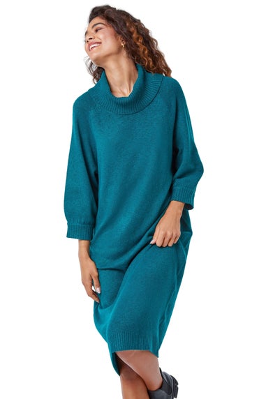 Roman Dark Green Roll Neck Knitted Midi Dress