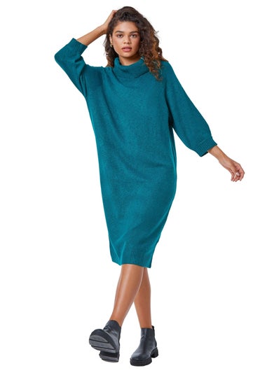 Roman Dark Green Roll Neck Knitted Midi Dress