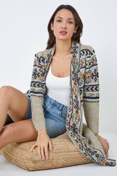 Roman Natural Nordic Patterned Longline Cardigan