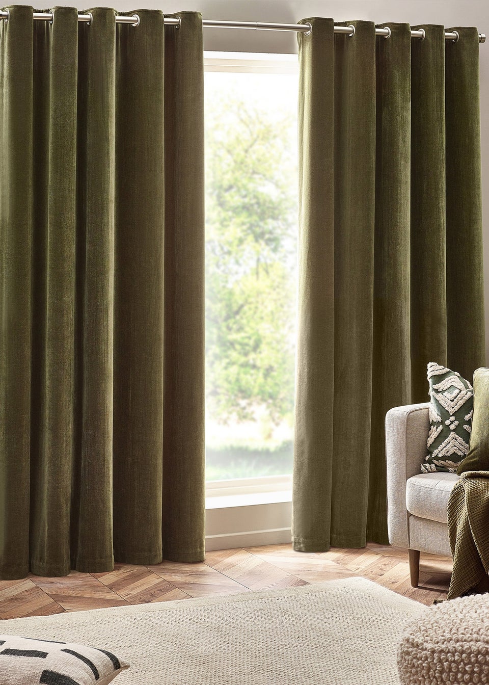 Yard Heavy Chenille Velvet Eyelet Curtains Olive