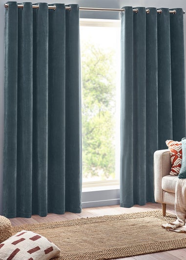 Yard Heavy Chenille Velvet Eyelet Curtains Marine