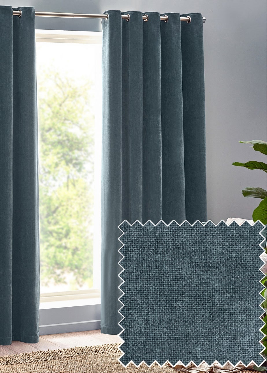 Yard Heavy Chenille Velvet Eyelet Curtains Marine
