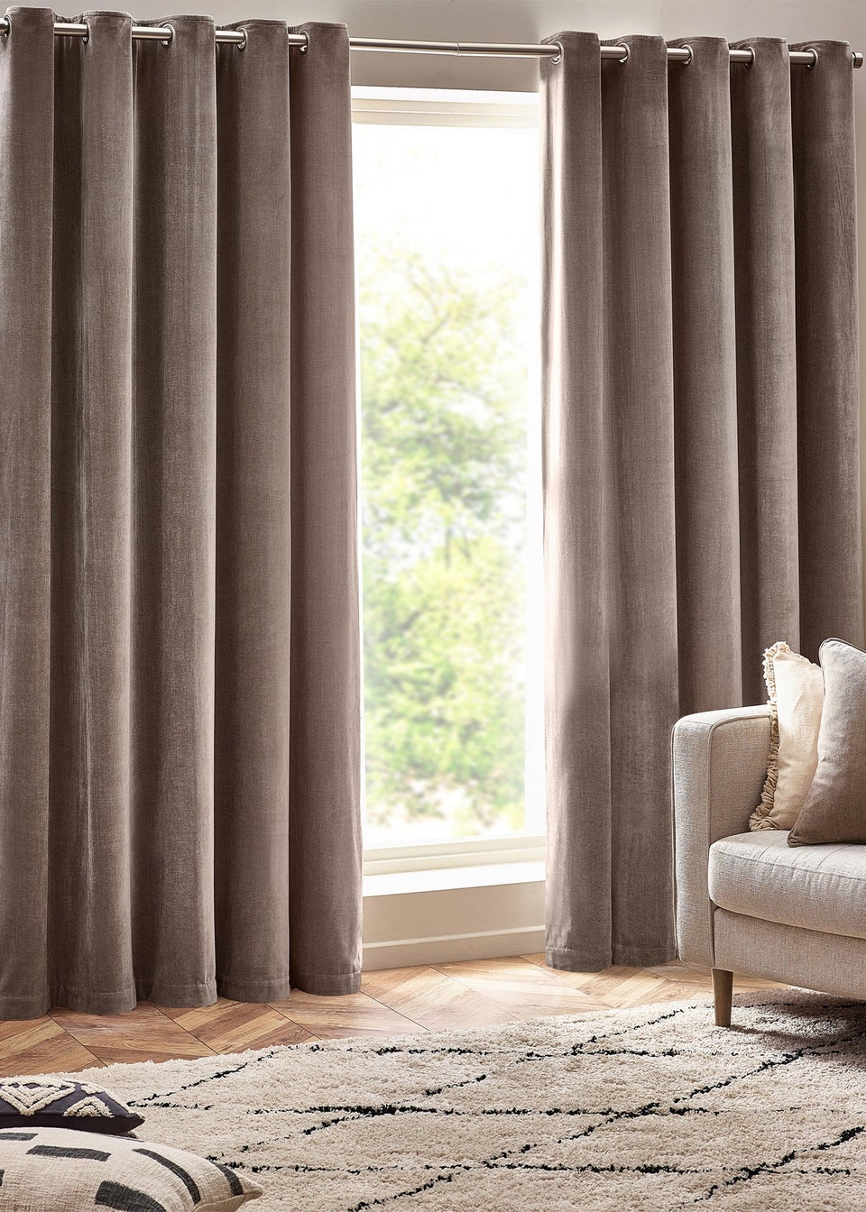 Yard Heavy Chenille Velvet Eyelet Curtains Greige