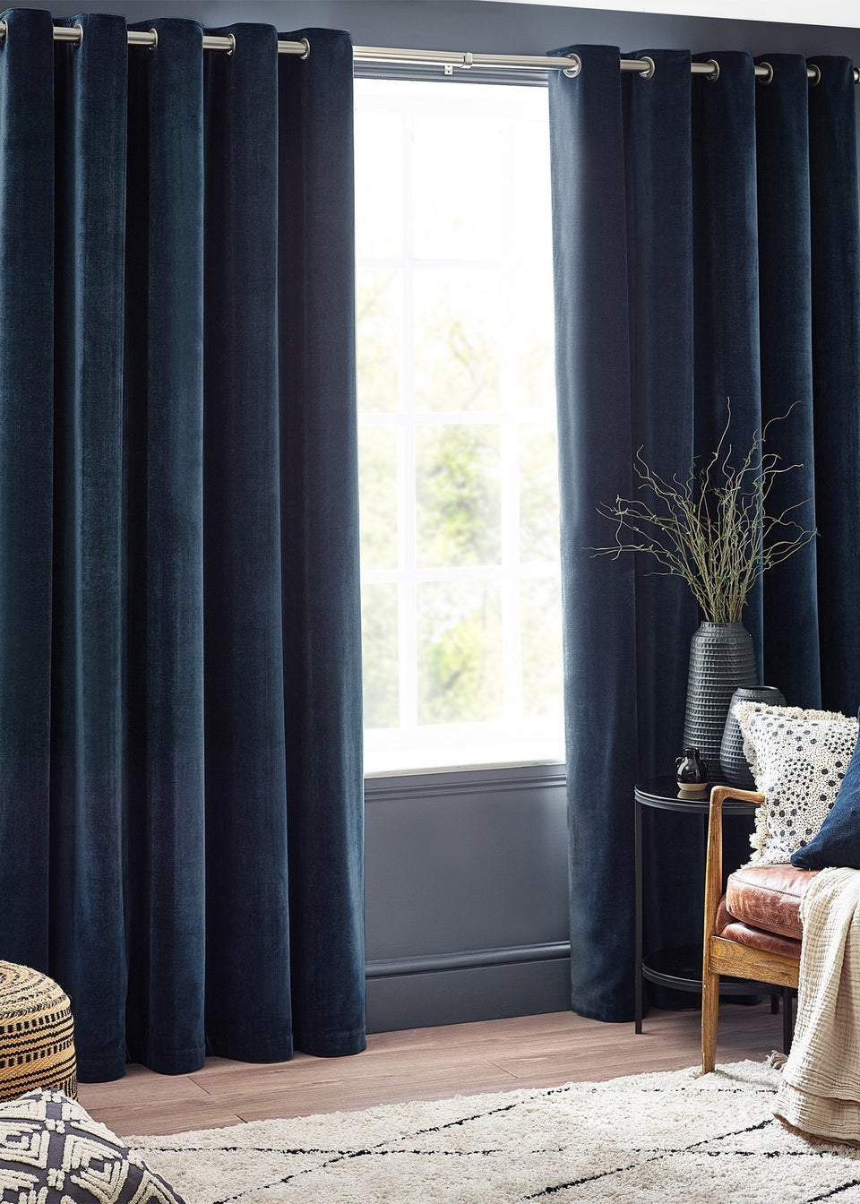 Yard Heavy Chenille Velvet Eyelet Curtains Navy
