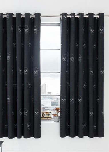 Catherine Lansfield Skulls Fully Reversible Eyelet Curtains Grey