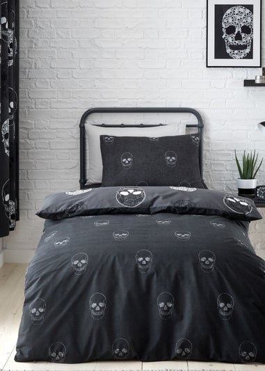 Catherine Lansfield Skulls Reversible Duvet Cover Set Grey