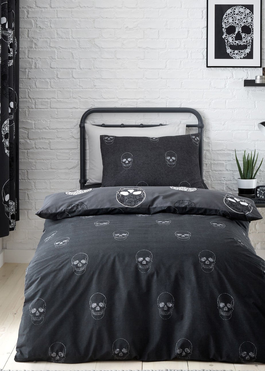 Catherine Lansfield Skulls Reversible Duvet Cover Set Grey