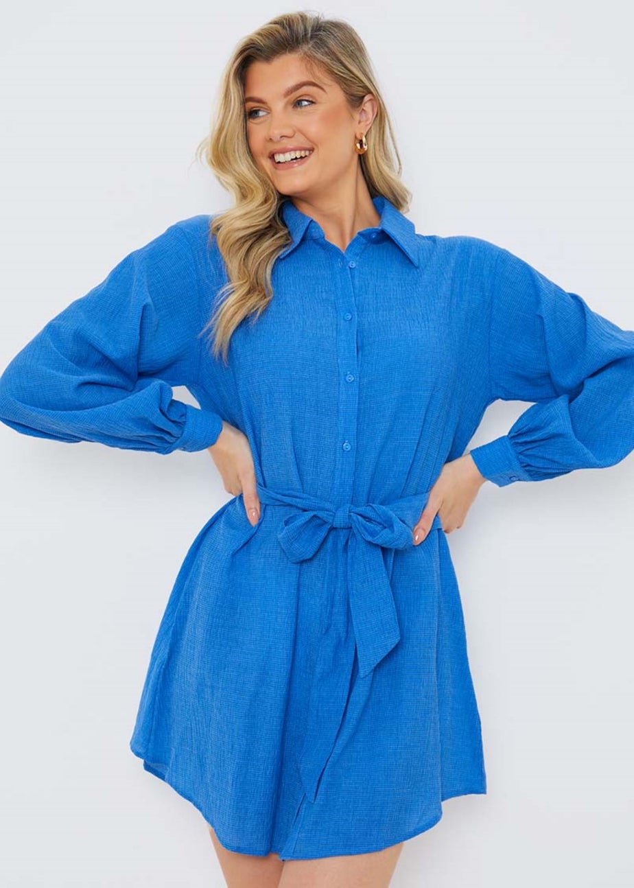 In The Style Blue Textured Shirt Dress