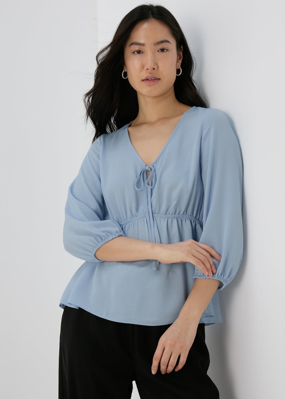 Blue Tie Detail V Neck Blouse Top