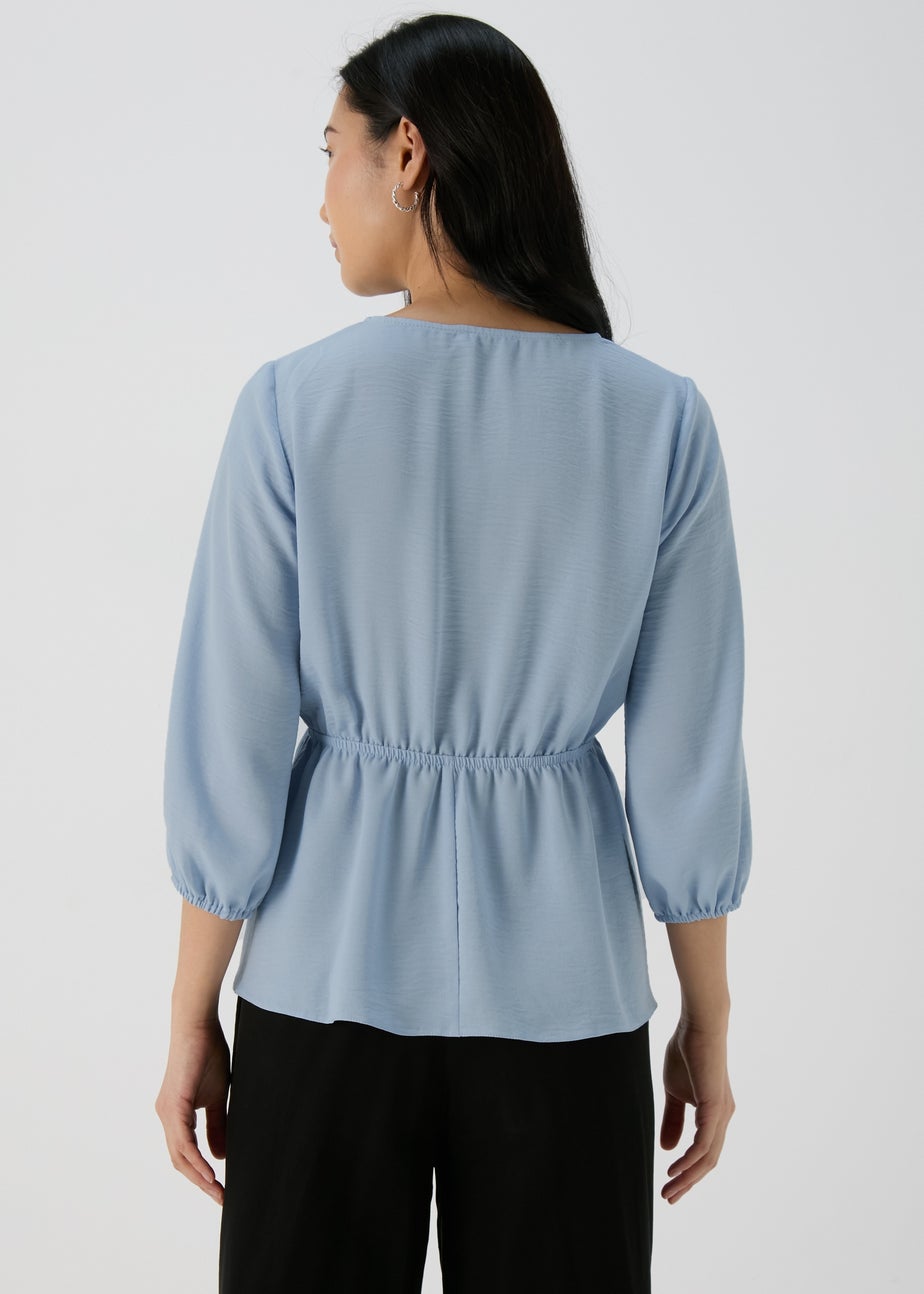 Blue Tie Detail V Neck Blouse Top