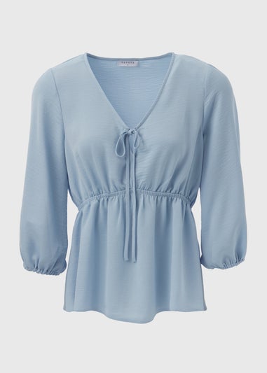 Blue Tie Detail V Neck Blouse Top