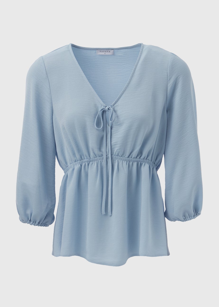 Blue Tie Detail V Neck Blouse Top
