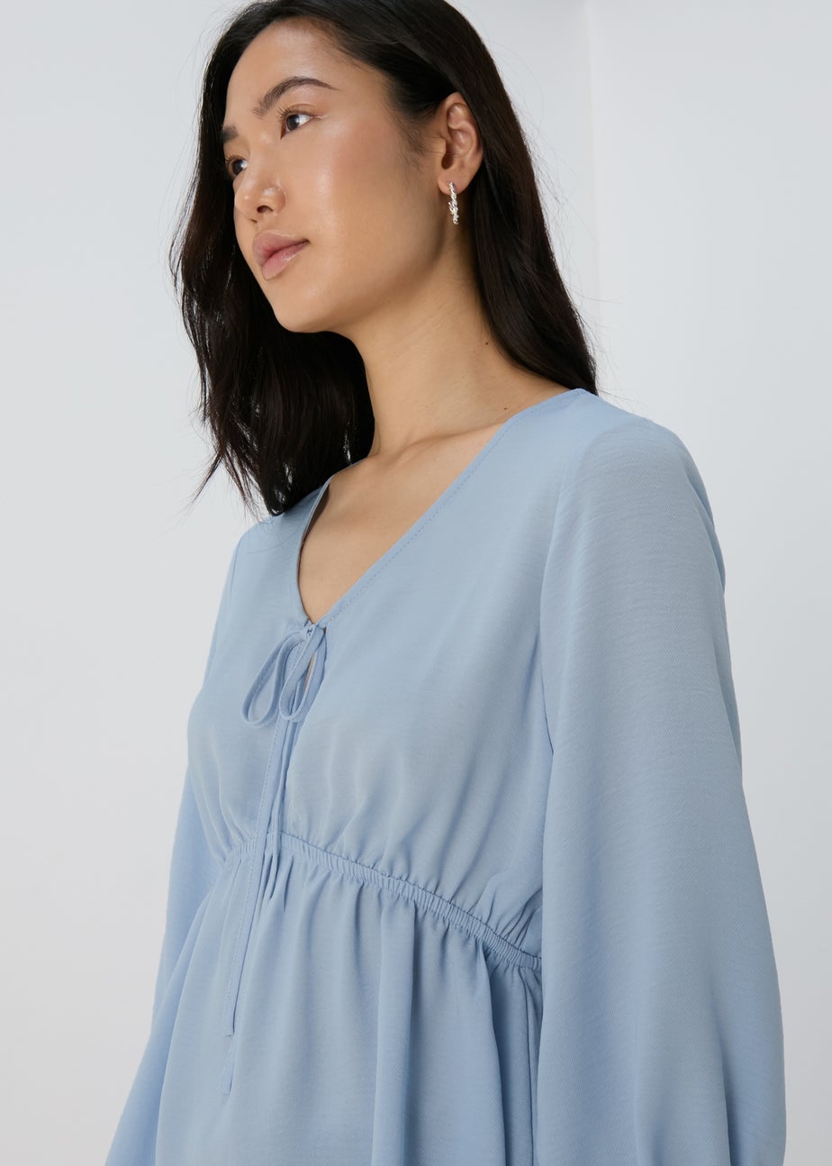 Blue Tie Detail V Neck Blouse Top