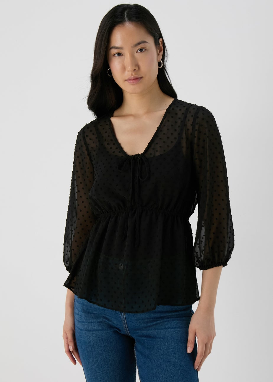 Black Tie Detail V Neck Dobby Blouse Top