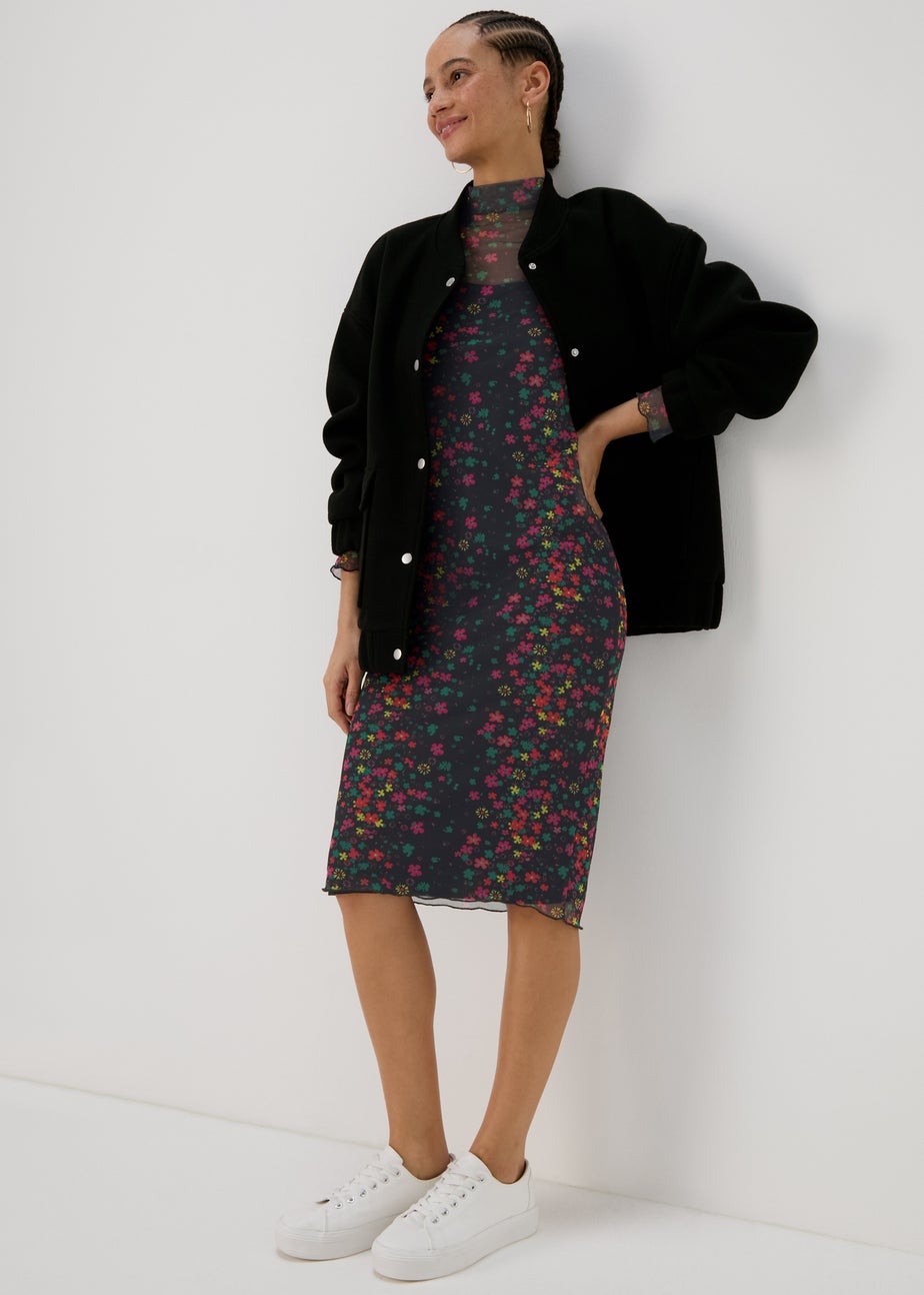 Multicolour Floral Midi Mesh Dress