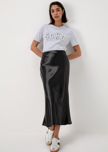 Papaya Black Satin Midi Skirt