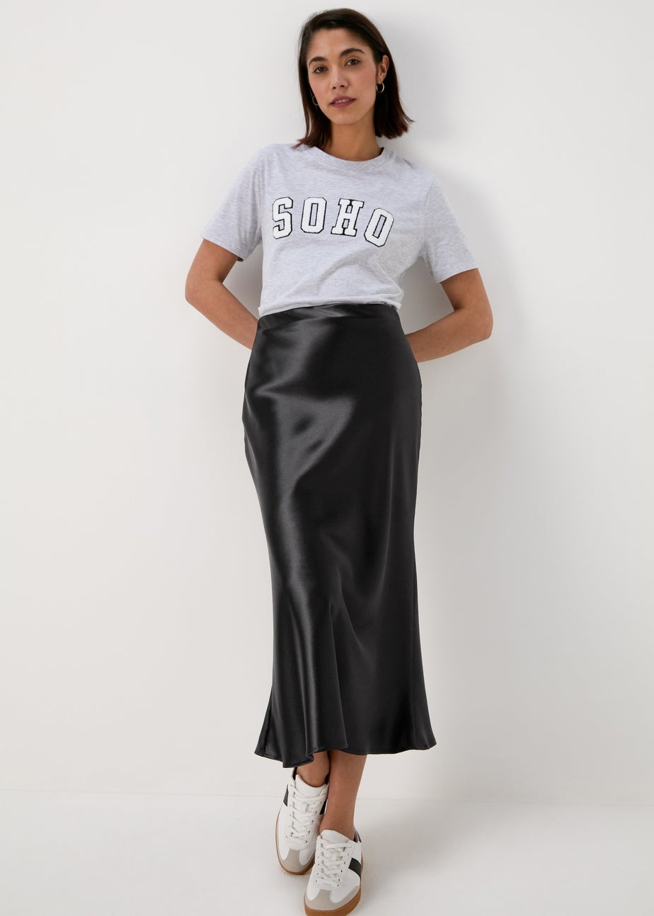 Papaya Black Satin Midi Skirt