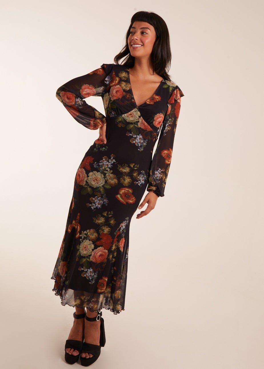 Blue Vanilla Godet Hem Frill Floral Cut Out Back Dress