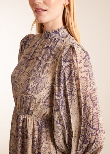 Blue Vanilla High Neck Pleated Sleeve Reptile Midi Dress