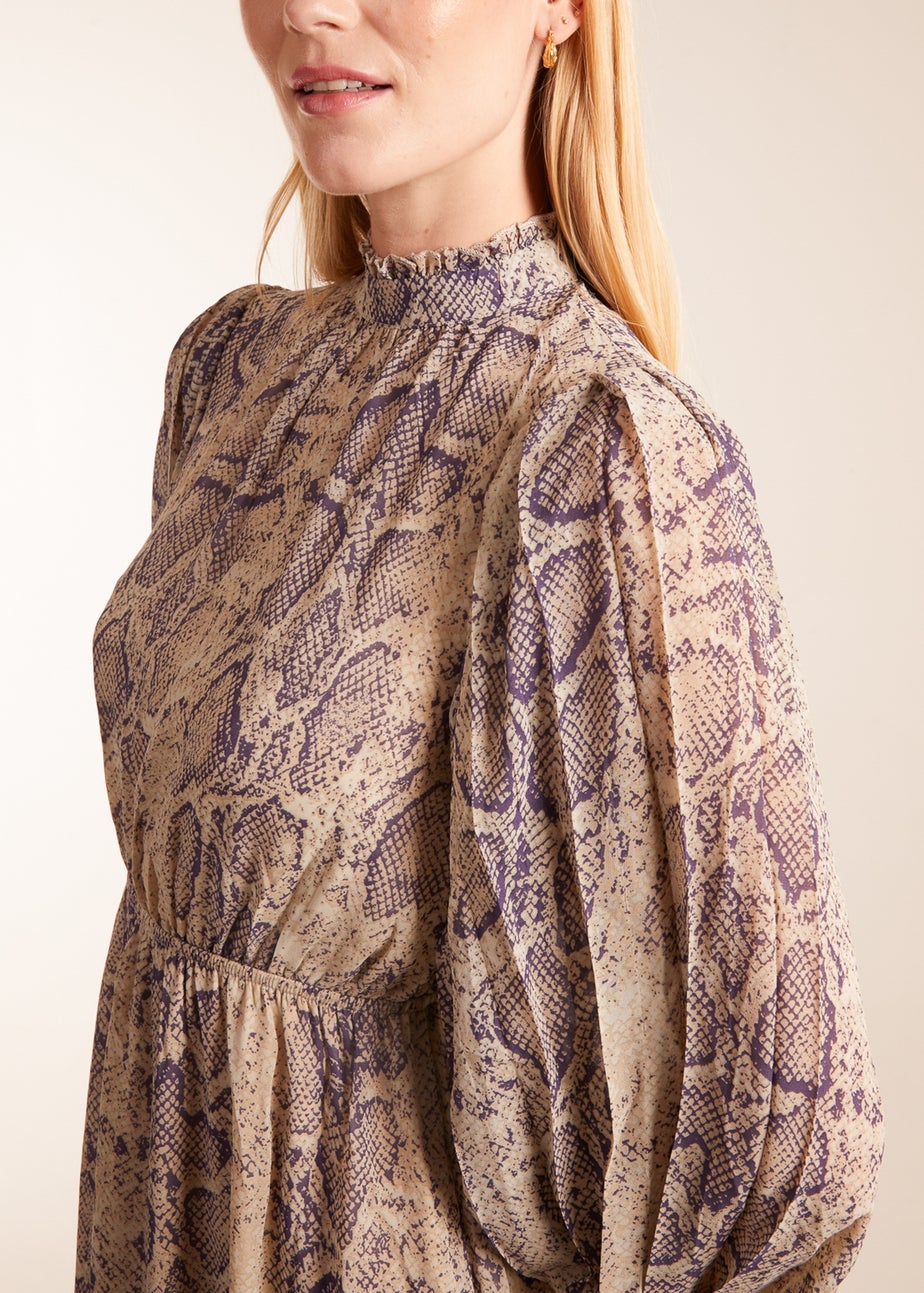 Blue Vanilla High Neck Pleated Sleeve Reptile Midi Dress