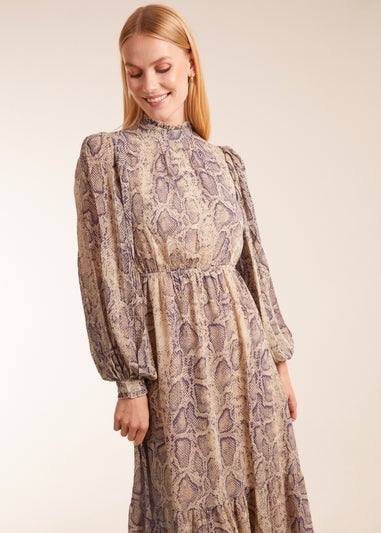 Blue Vanilla High Neck Pleated Sleeve Reptile Midi Dress