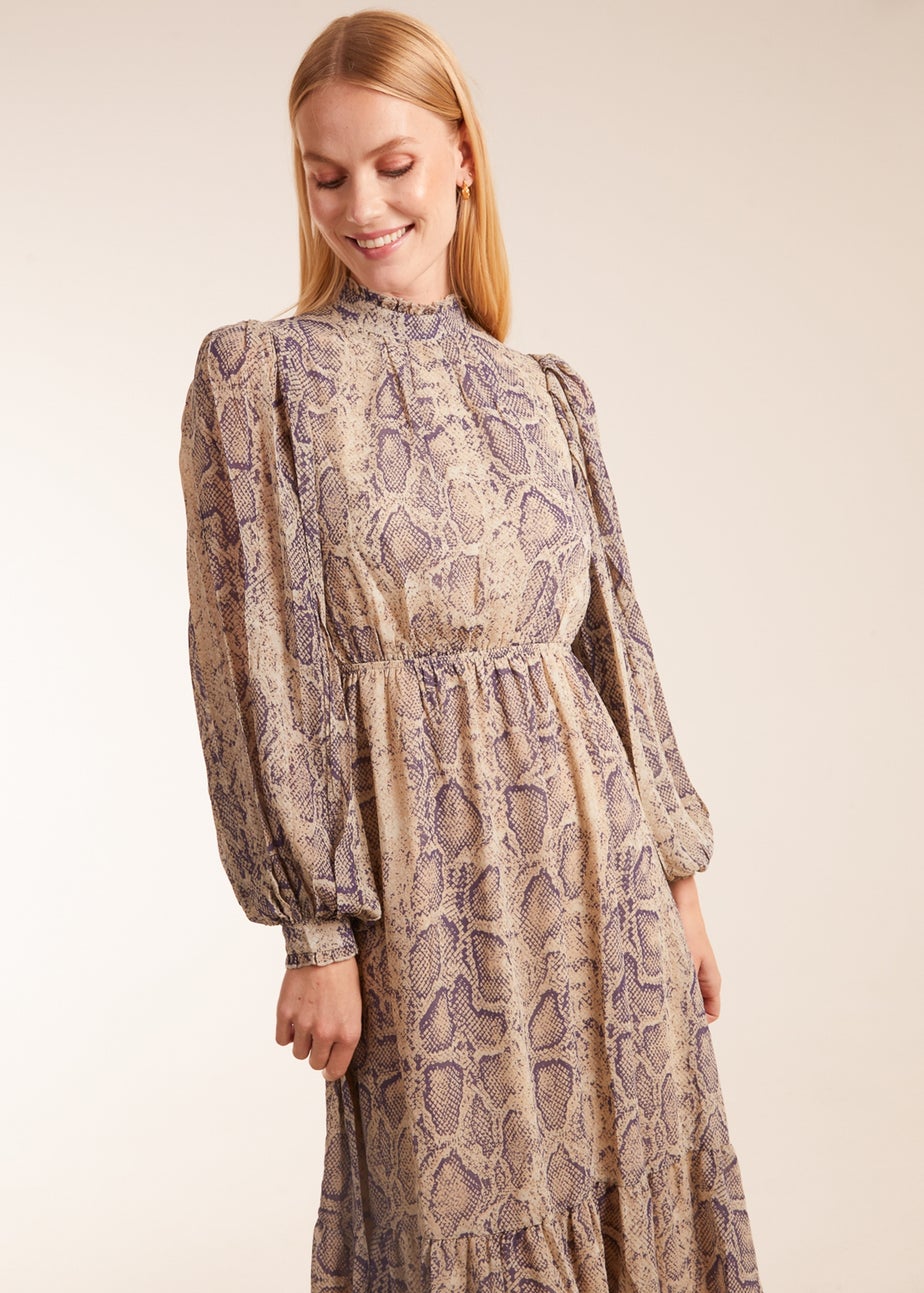Blue Vanilla High Neck Pleated Sleeve Reptile Midi Dress