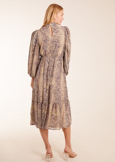 Blue Vanilla High Neck Pleated Sleeve Reptile Midi Dress