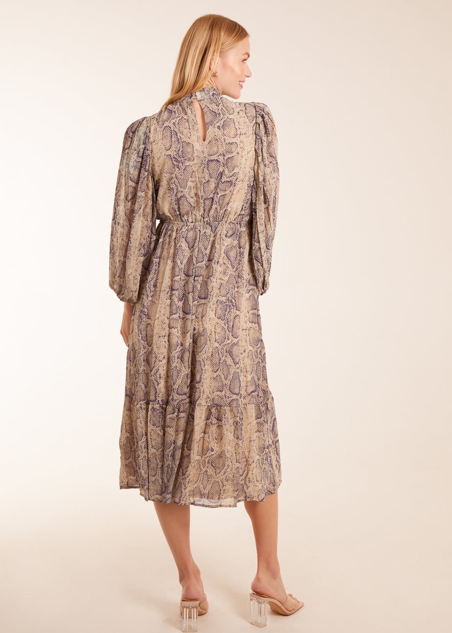 Blue Vanilla High Neck Pleated Sleeve Reptile Midi Dress