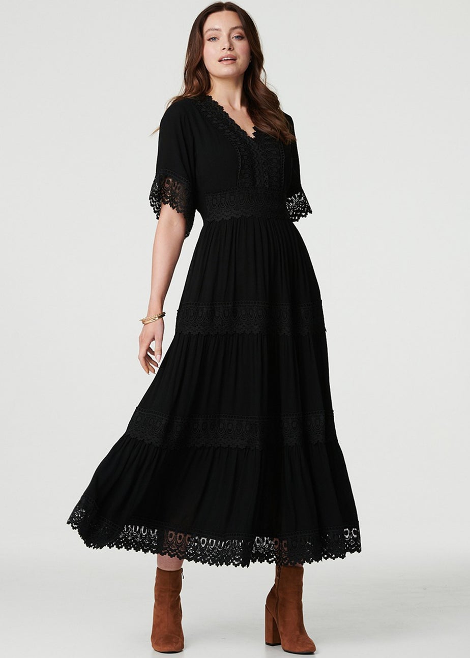 Izabel London Black Short Sleeve Crochet Maxi Dress