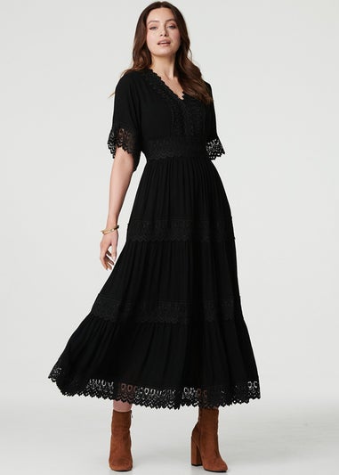 Izabel London Black Short Sleeve Crochet Maxi Dress