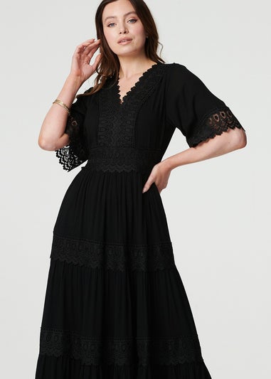 Izabel London Black Short Sleeve Crochet Maxi Dress