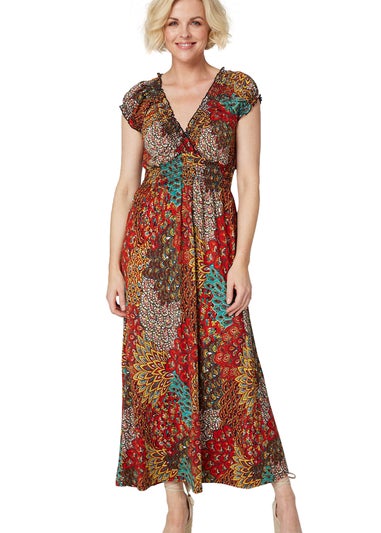 Izabel London Orange Peacock Print V-Neck Maxi Dress