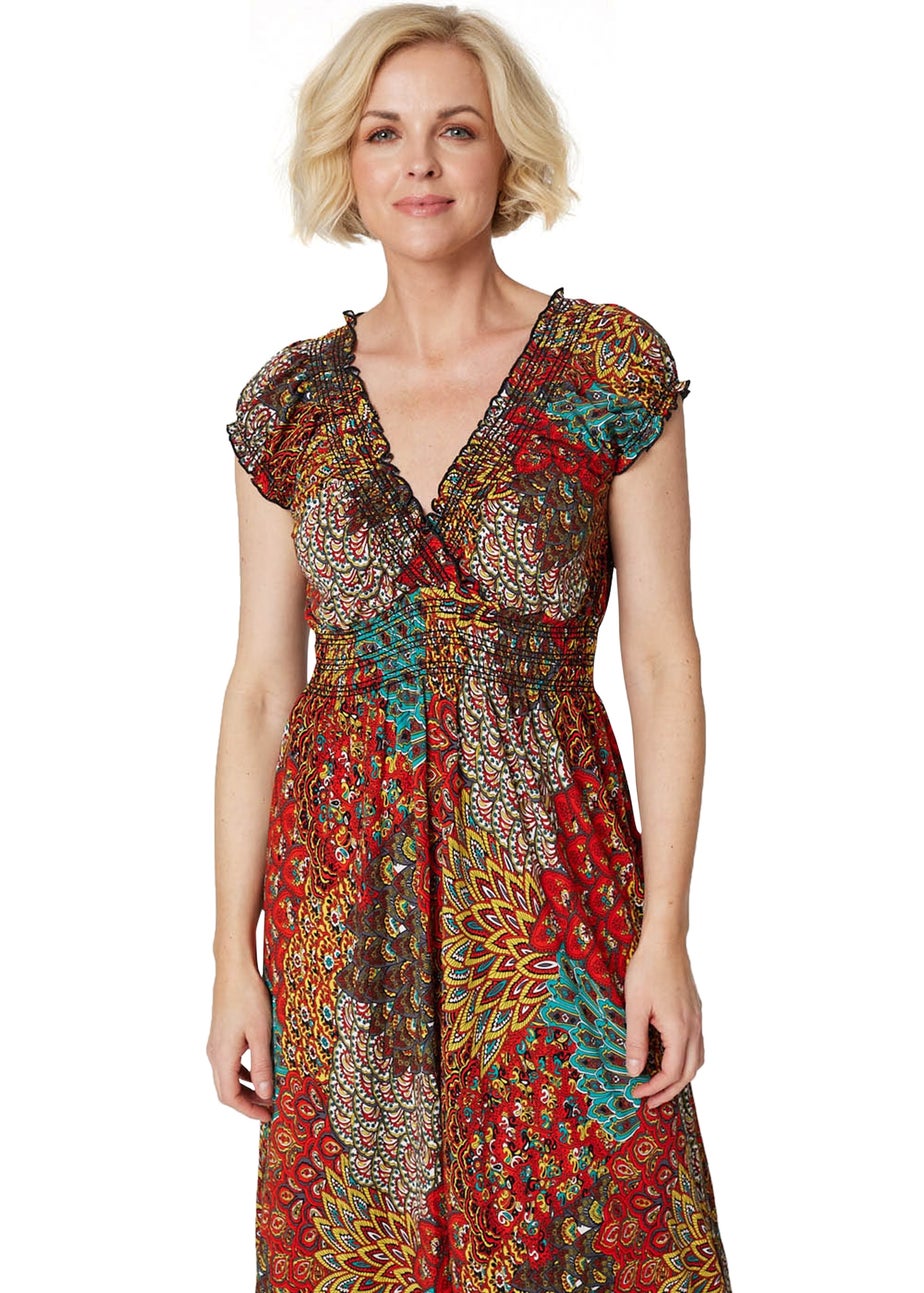 Izabel London Orange Peacock Print V-Neck Maxi Dress