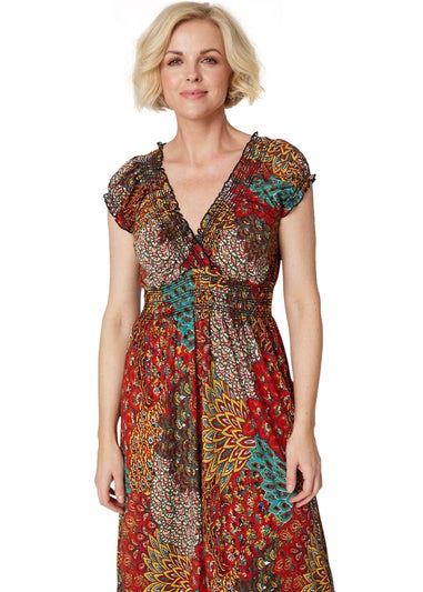 Izabel London Orange Peacock Print V-Neck Maxi Dress