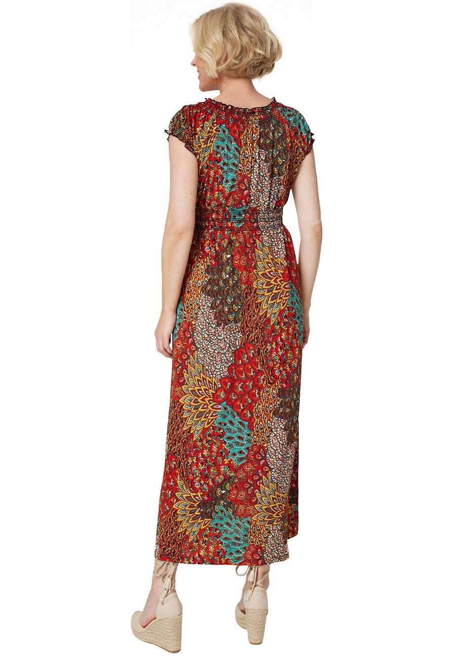 Izabel London Orange Peacock Print V-Neck Maxi Dress