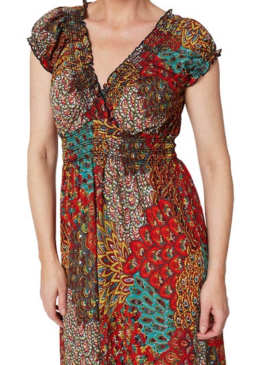 Izabel London Orange Peacock Print V-Neck Maxi Dress