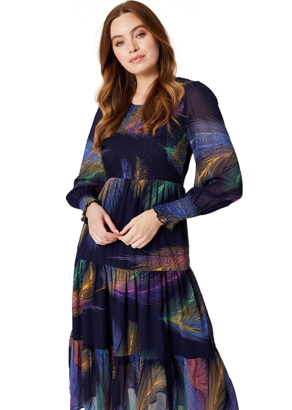 Izabel London Blue Feather Print Midi Smock Dress