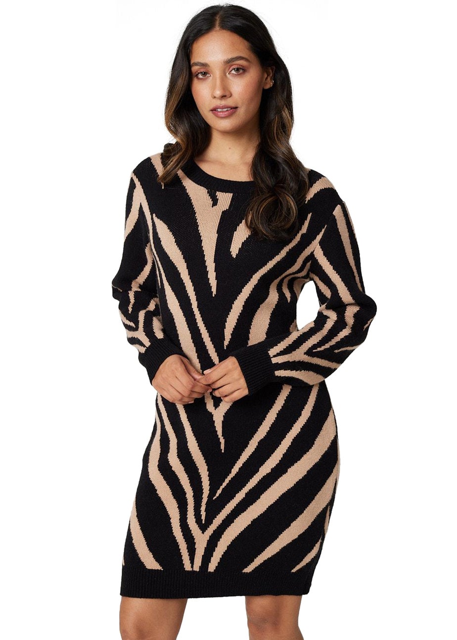 Izabel London Black Animal Print Short Knit Dress