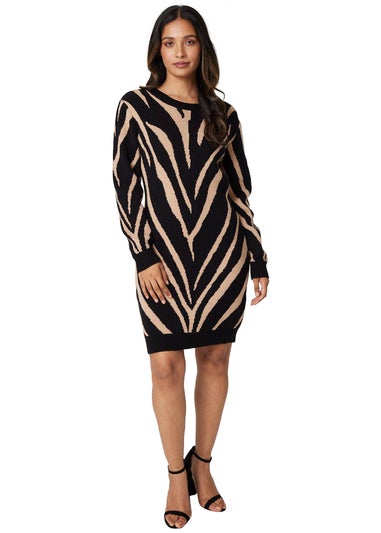 Izabel London Black Animal Print Short Knit Dress