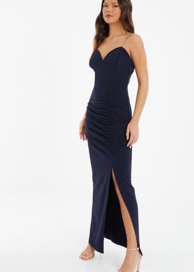 Quiz Blue Diamante Ruched Maxi Dress