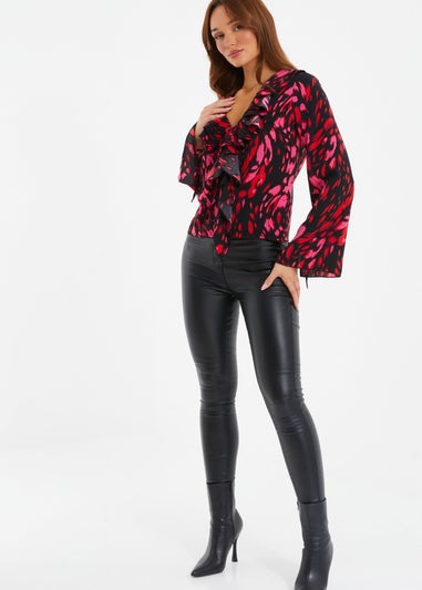 Quiz Black Animal Print Tie Blouse