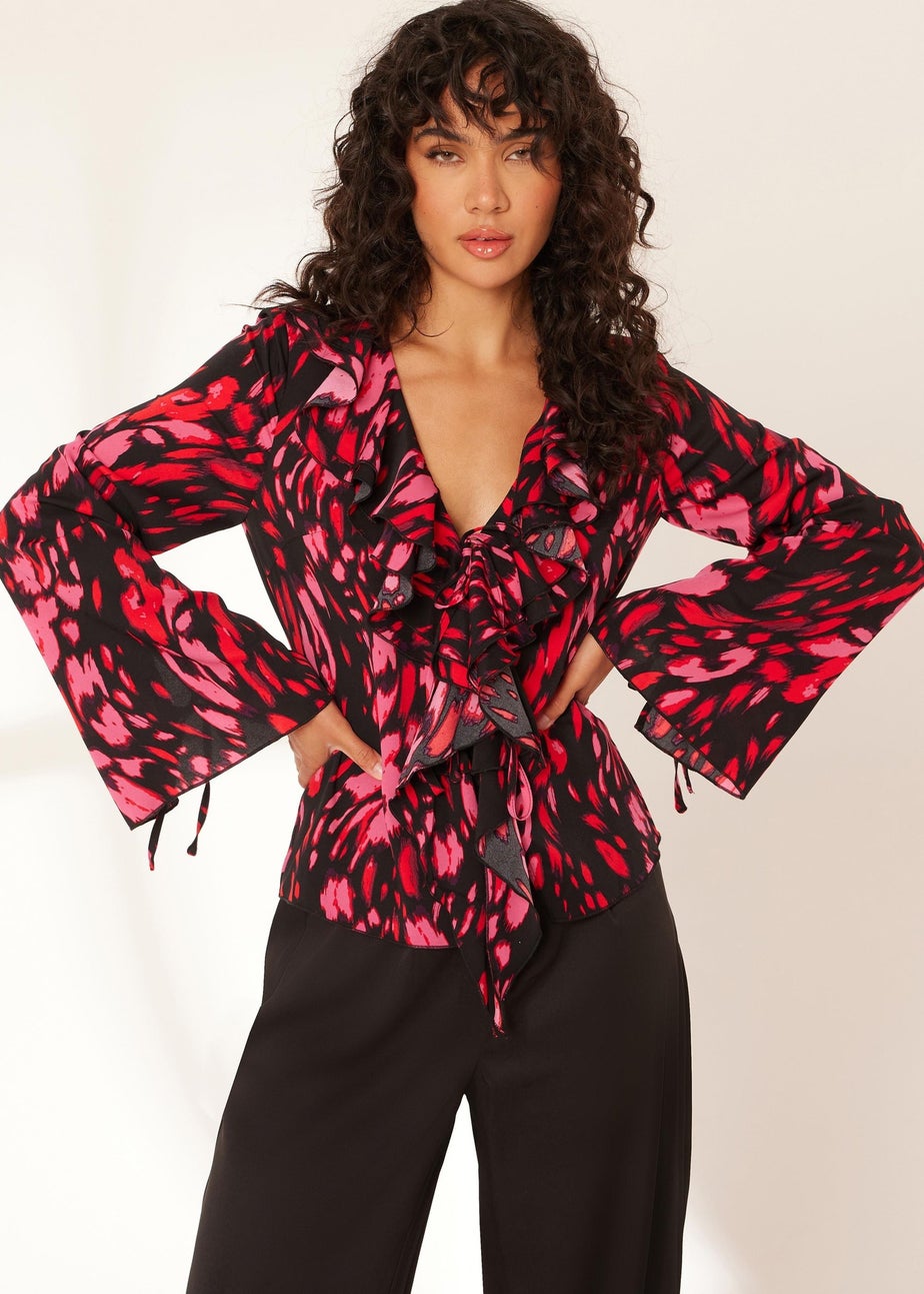 Quiz Black Animal Print Tie Blouse