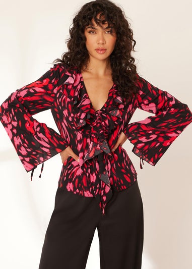 Quiz Black Animal Print Tie Blouse
