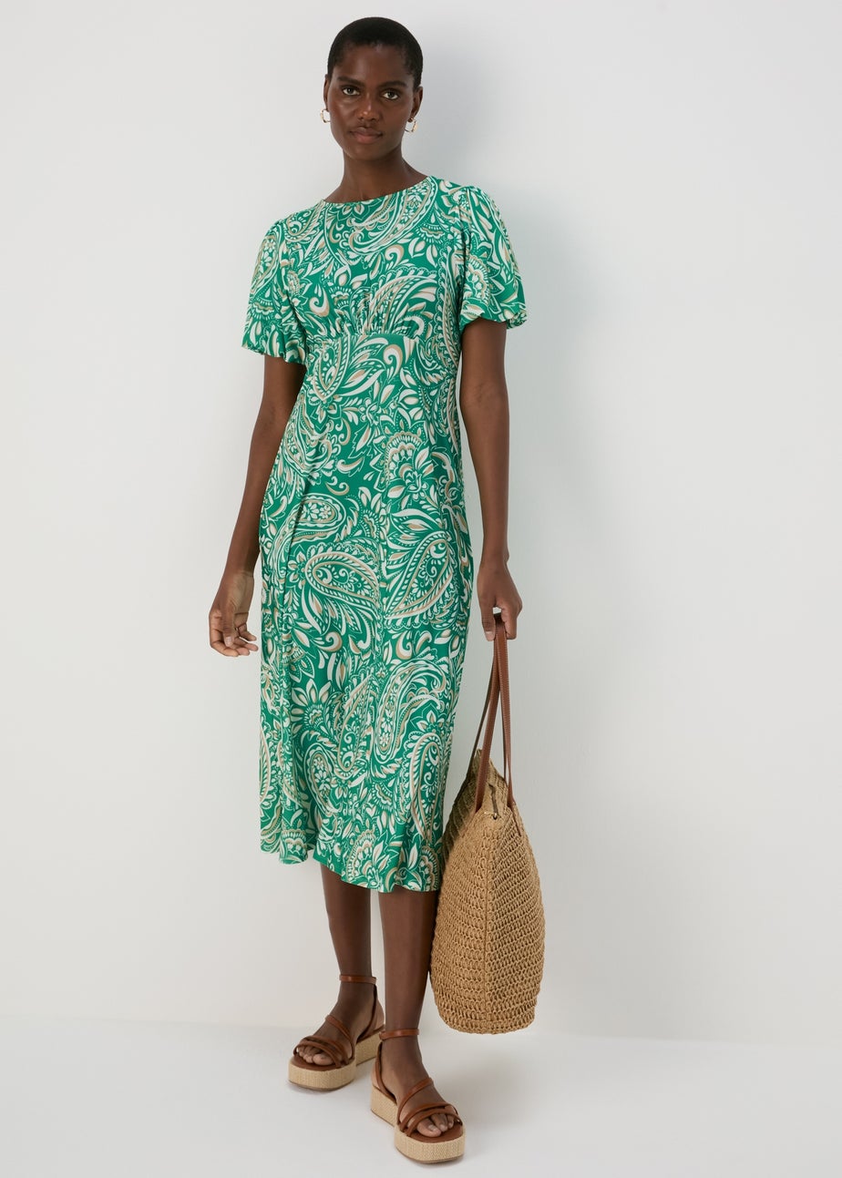Et Vous Green & White Paisley Puff Sleeves Midi Dress