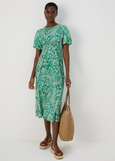 Et Vous Green & White Paisley Puff Sleeves Midi Dress