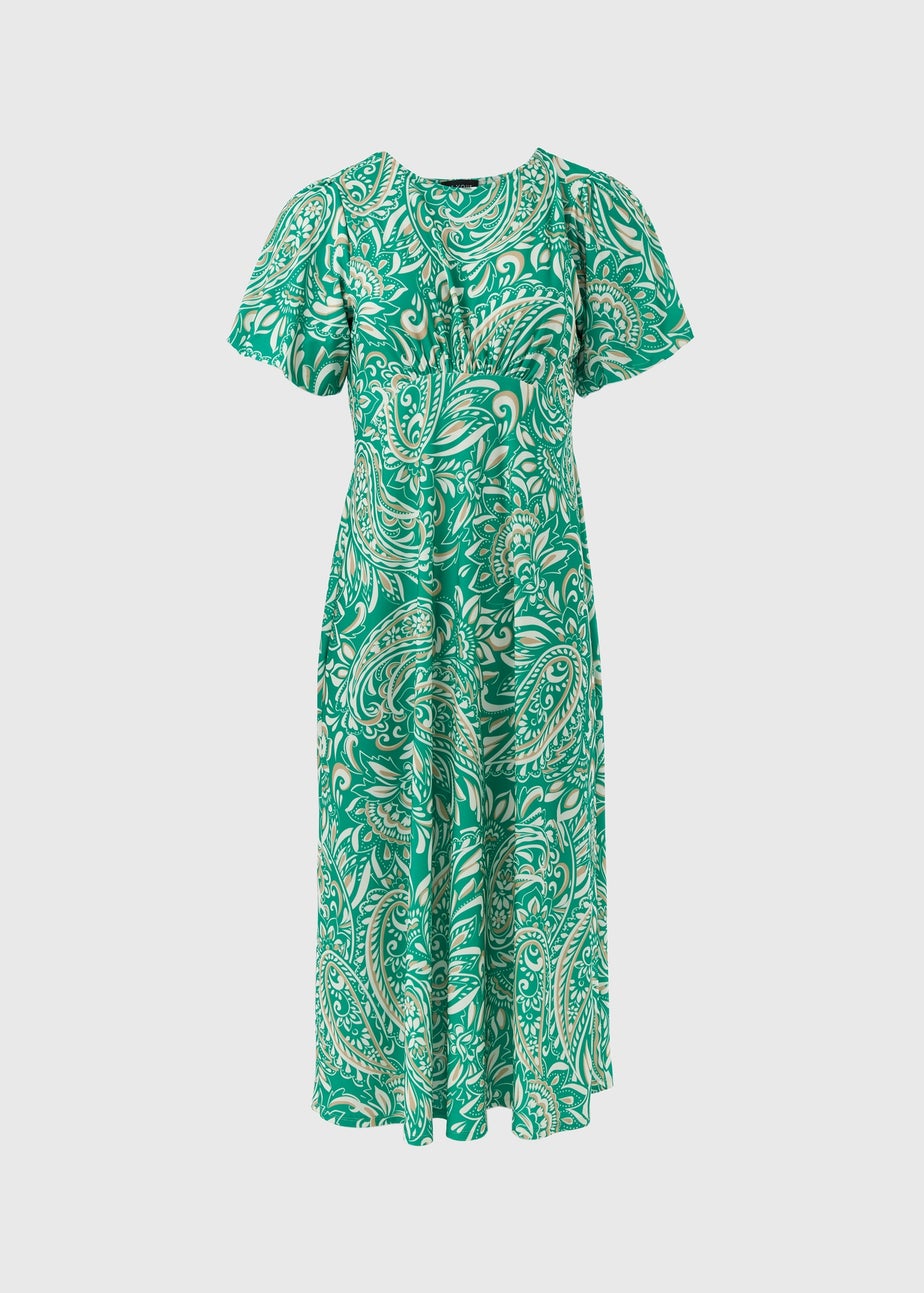Et Vous Green & White Paisley Puff Sleeves Midi Dress
