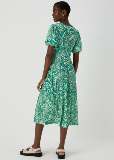 Et Vous Green & White Paisley Puff Sleeves Midi Dress
