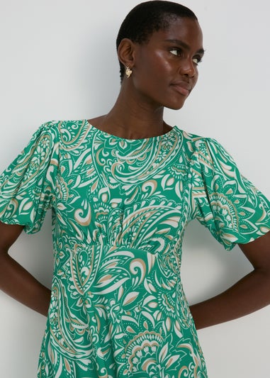 Et Vous Green & White Paisley Puff Sleeves Midi Dress