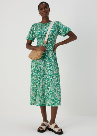 Et Vous Green & White Paisley Puff Sleeves Midi Dress